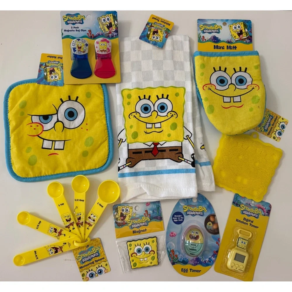 SpongeBob SquarePants Kitchen Set Timer Measuring Spoons Pot Holder Towel 10pc
